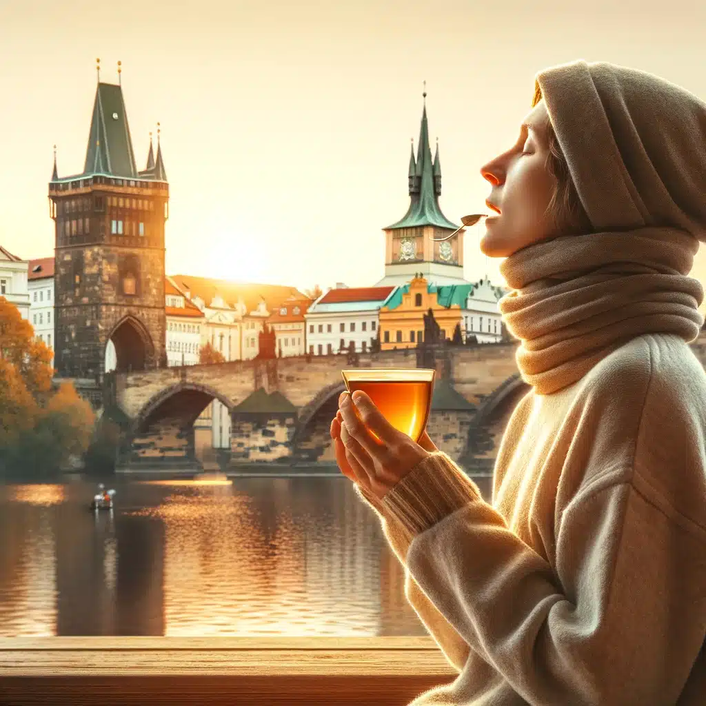 "Person in Prague holding warm tea with Charles Bridge in background, symbolizing throat comfort