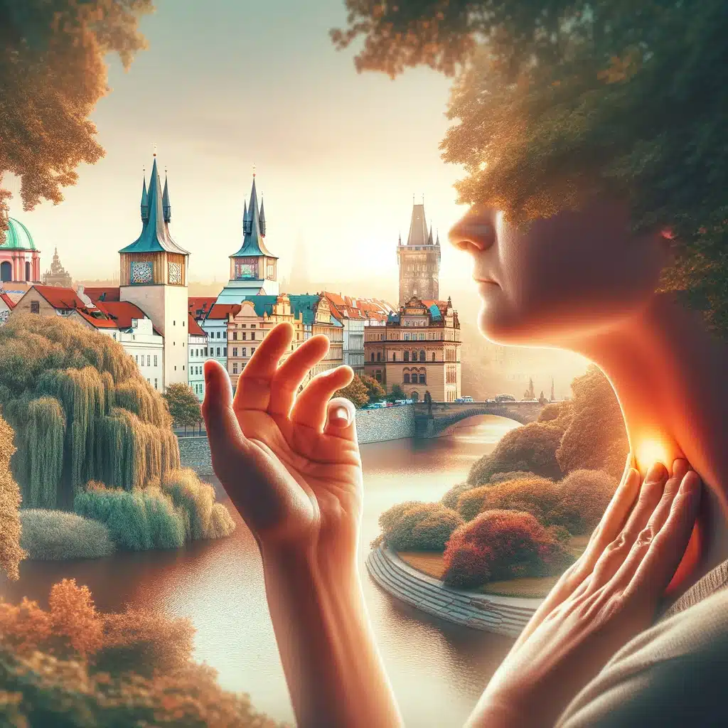 Person in Kampa Park, Prague, holding throat area, symbolizing thyroid awareness, under Bliss Prague's guidance.