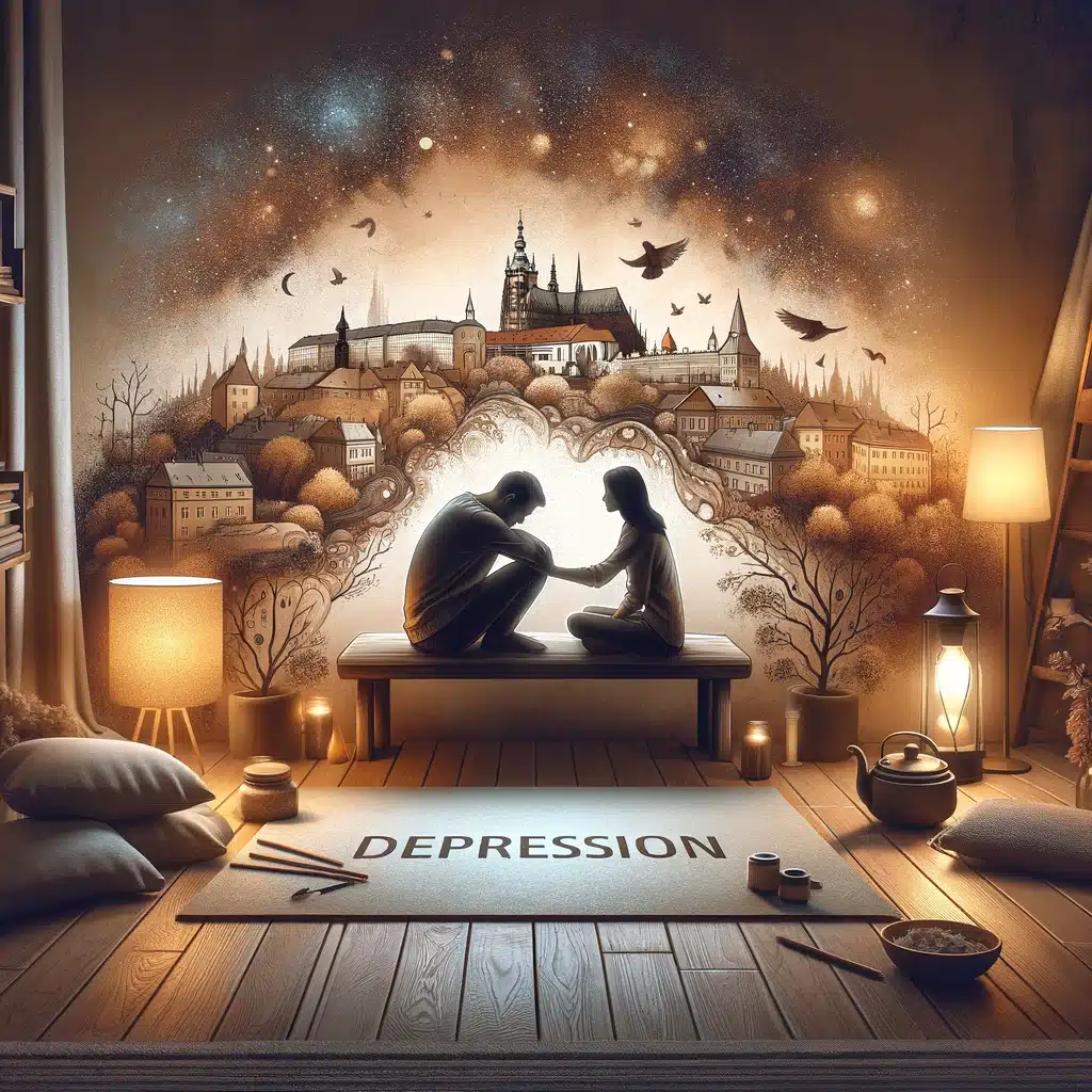 Individual finding solace in Prague’s calming environment, representing support for depression