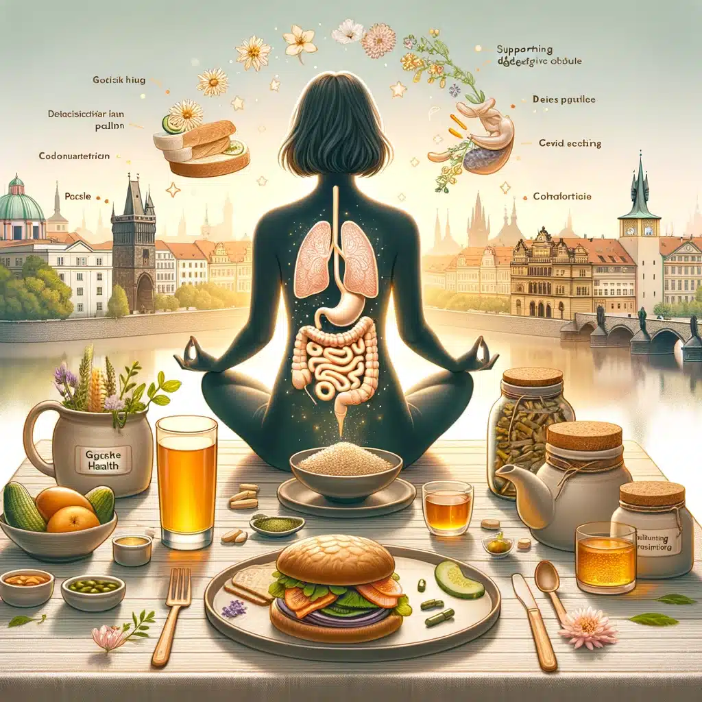 Person enjoying a balanced meal for digestive health, in a serene Prague setting with Bliss Prague