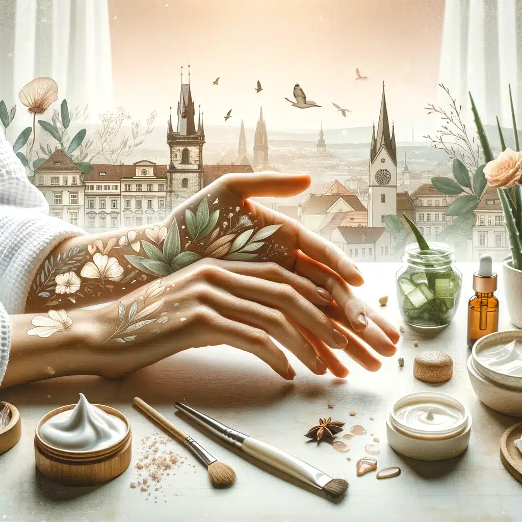 Gentle skincare for eczema relief, set in Prague's calming Bliss Prague environment