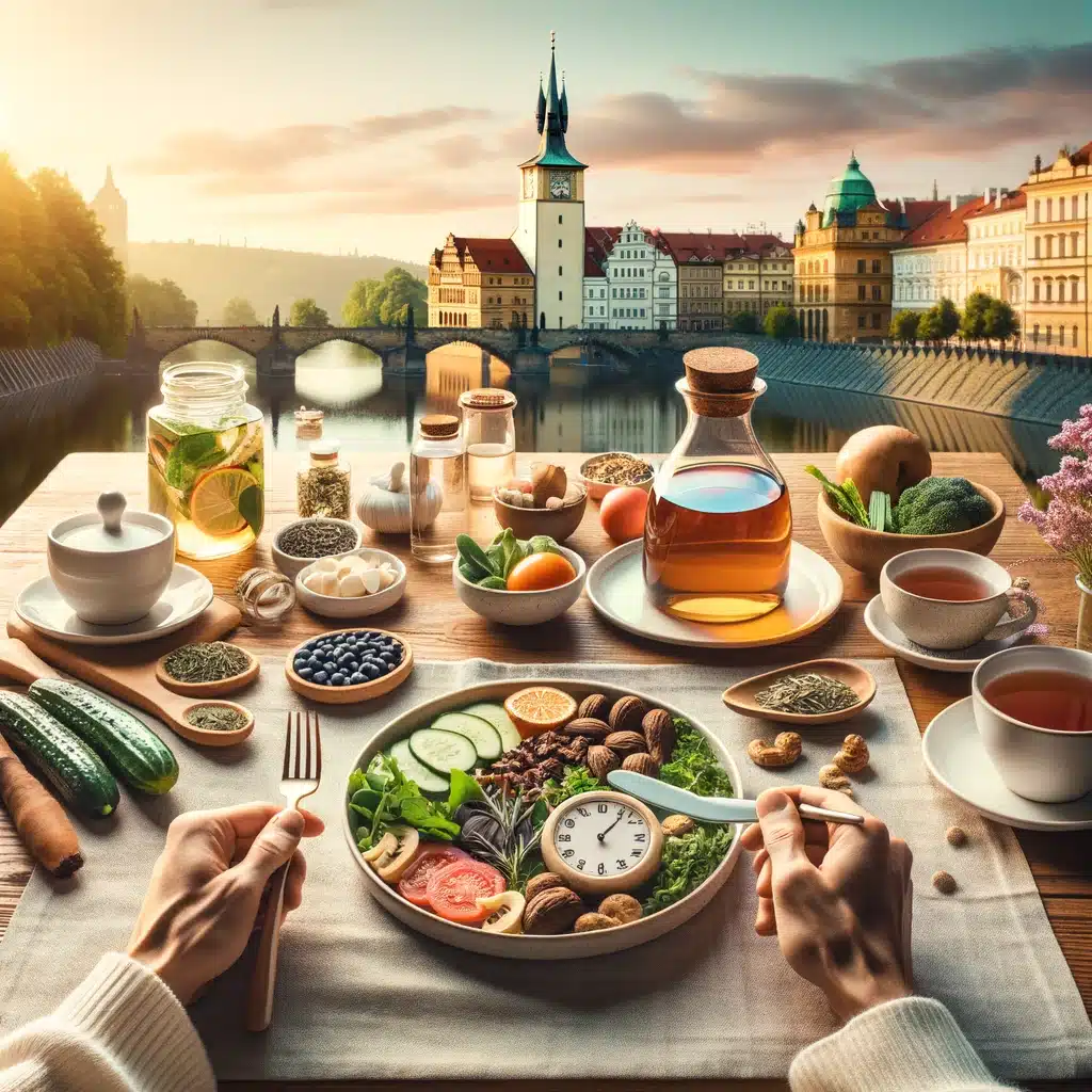 Person enjoying a light, healthy meal in a calm Prague setting, aiding digestive comfort