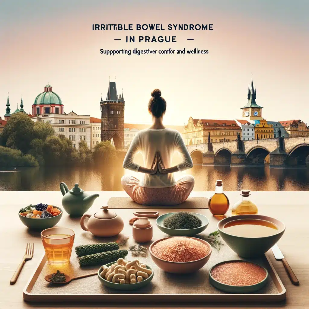 Person managing IBS with a healthy diet and stress-reduction in Prague's soothing Bliss Prague environment