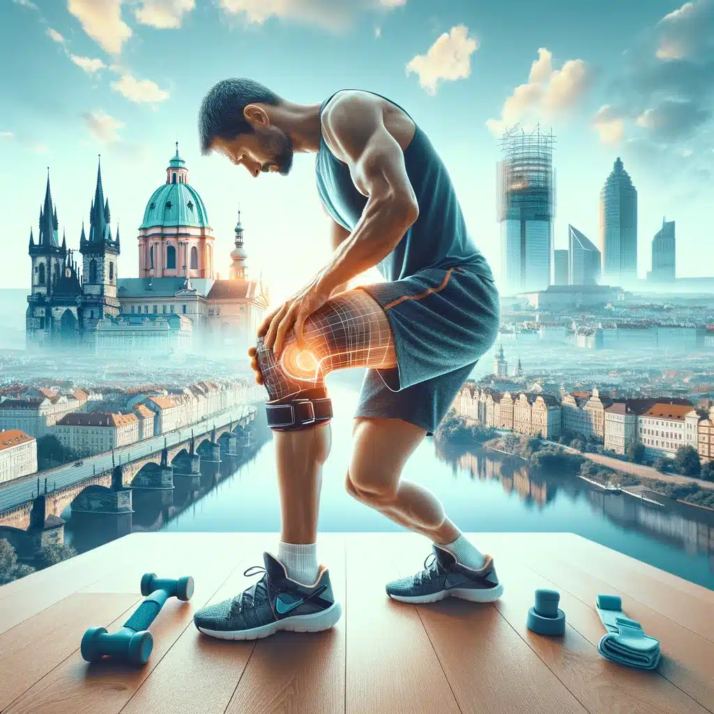 Person doing knee-friendly exercises with supportive gear in Prague, aided by Bliss Prague