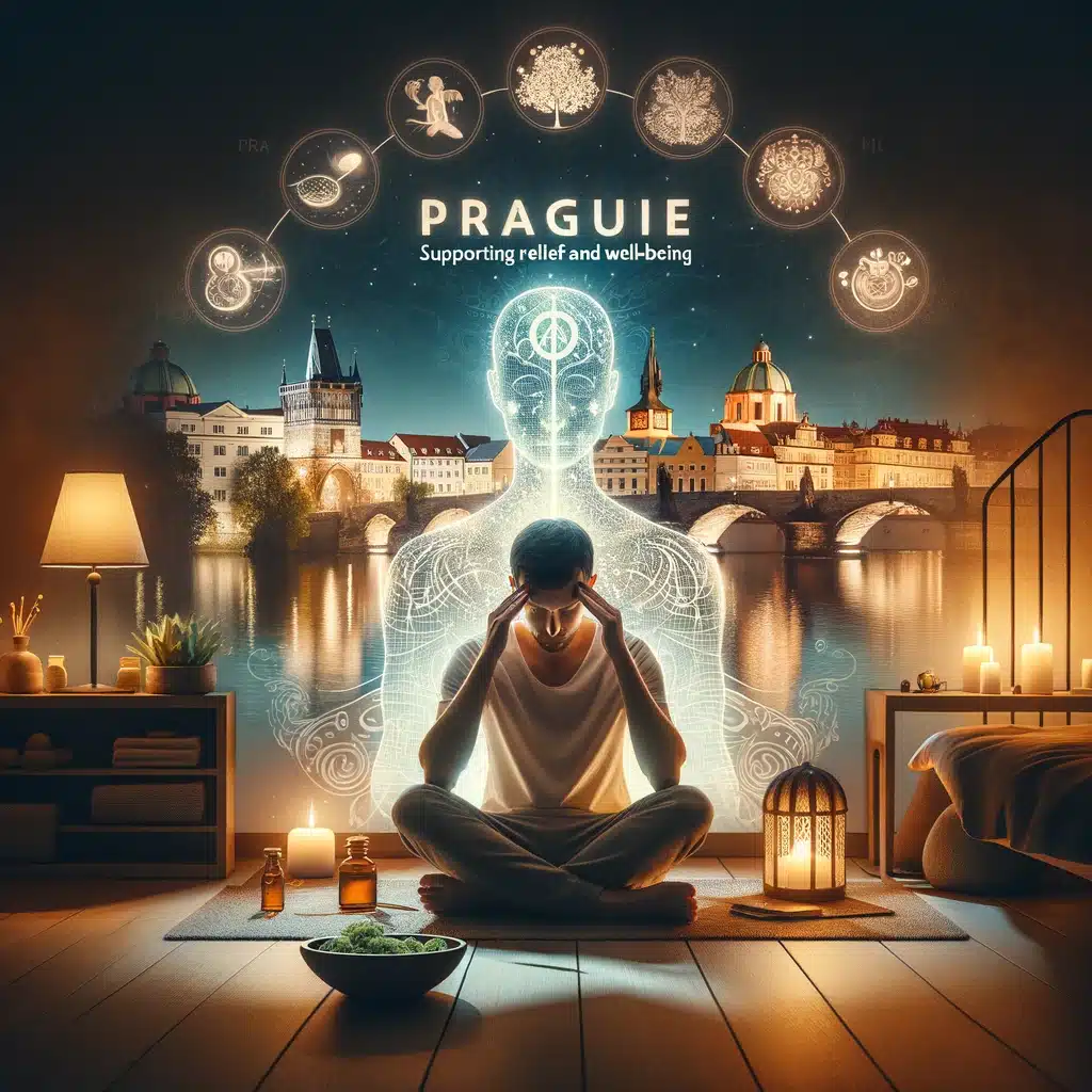 Person finding migraine relief in a calming Prague environment, supported by Bliss Prague