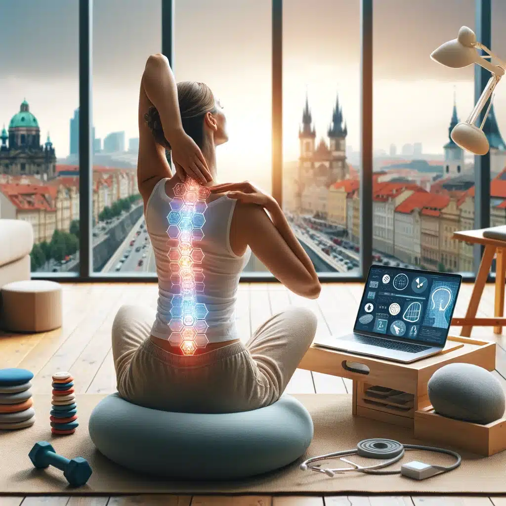 Individual practicing neck exercises in a supportive Prague setting, aided by Bliss Prague.