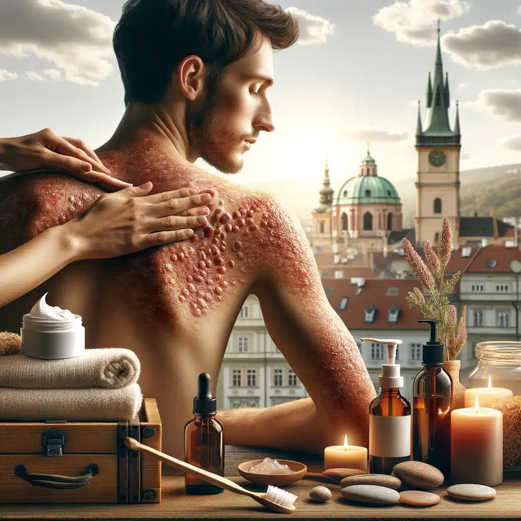 Person applying skin-nourishing treatments for psoriasis care in Prague’s Bliss Prague setting