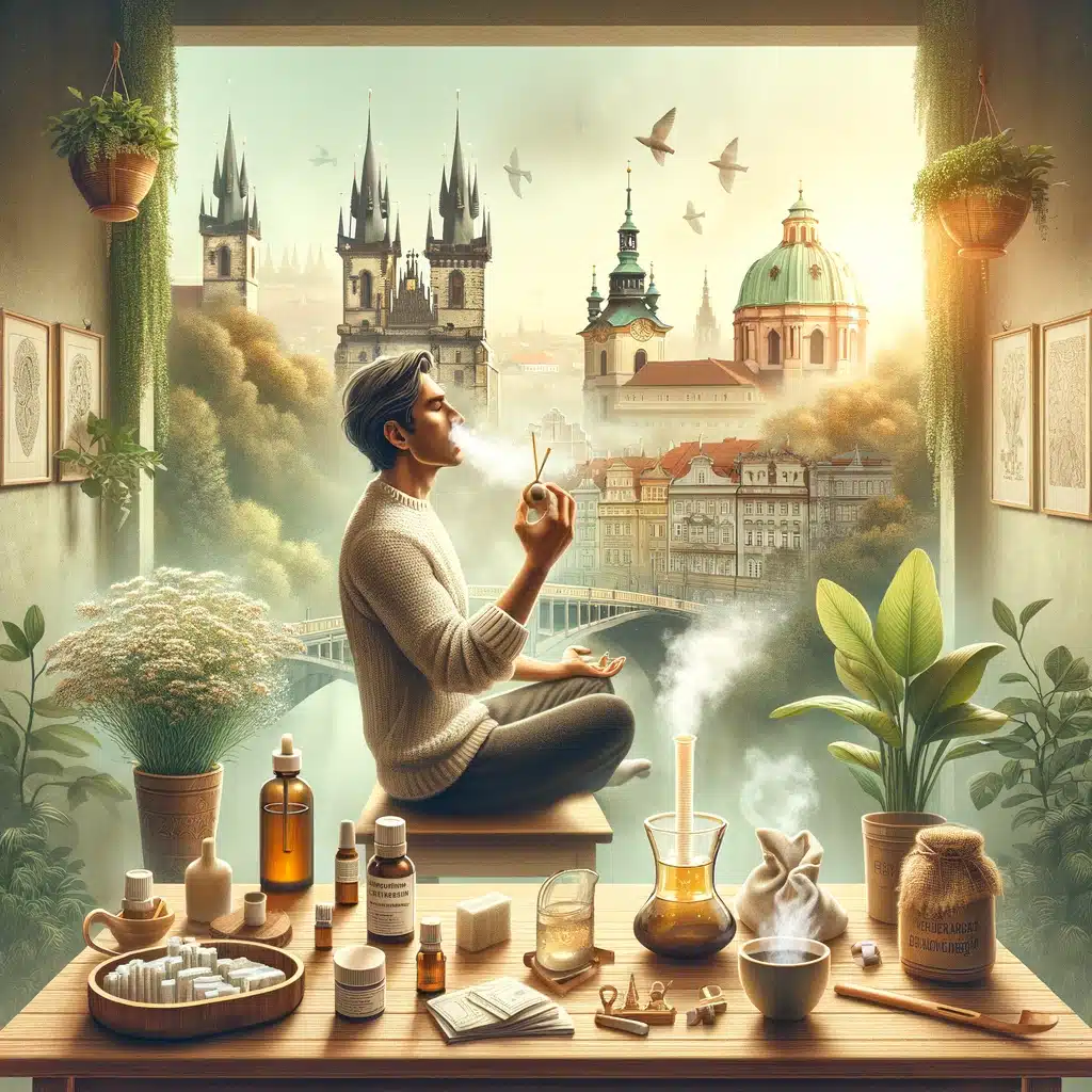 Person using natural remedies for sinus relief in Prague, supported by Bliss Prague