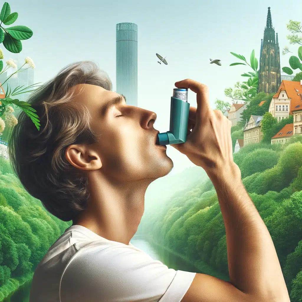 Individual experiencing ease in breathing in a green Prague environment for asthma support