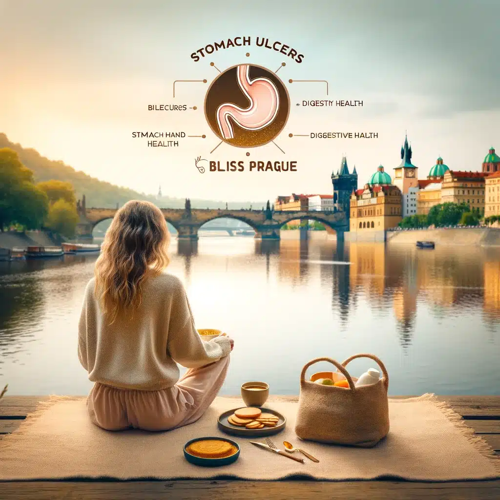 Person enjoying a stomach-friendly meal by the Vltava River in Prague, representing Bliss Prague's focus on digestive health