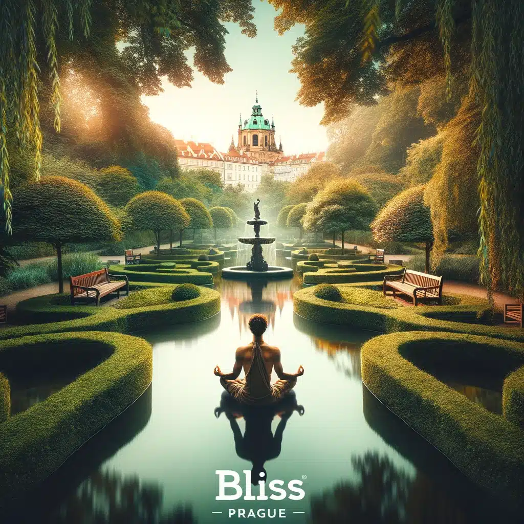 Person practicing mindfulness meditation in Letná Park, Prague, reflecting Bliss Prague's stress relief focus