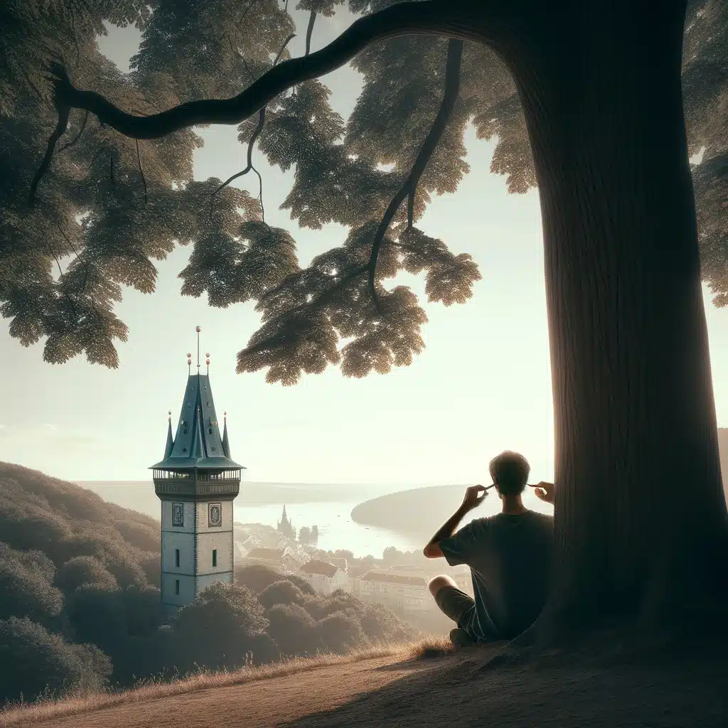 Individual in Petřín Hill, Prague, with hands near ears, symbolizing ear health and tinnitus awareness with Bliss Prague.