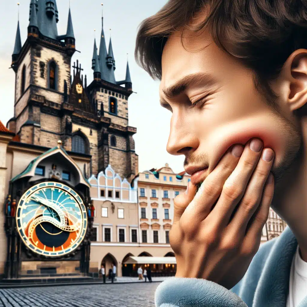 Person in Old Town Square, Prague, touching cheek, indicating toothache, under the care of Bliss Prague