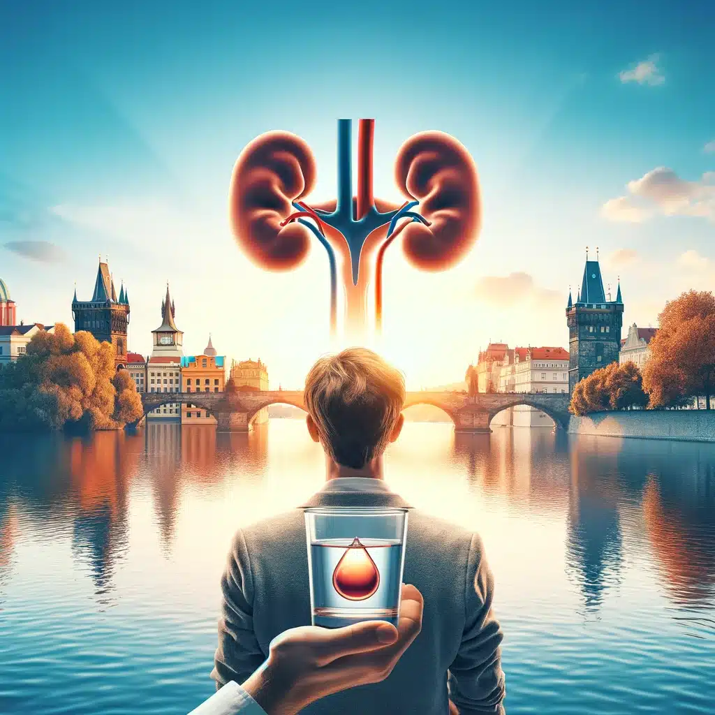 Person holding a glass of water by the Vltava River in Prague, symbolizing urinary health, aligned with Bliss Prague