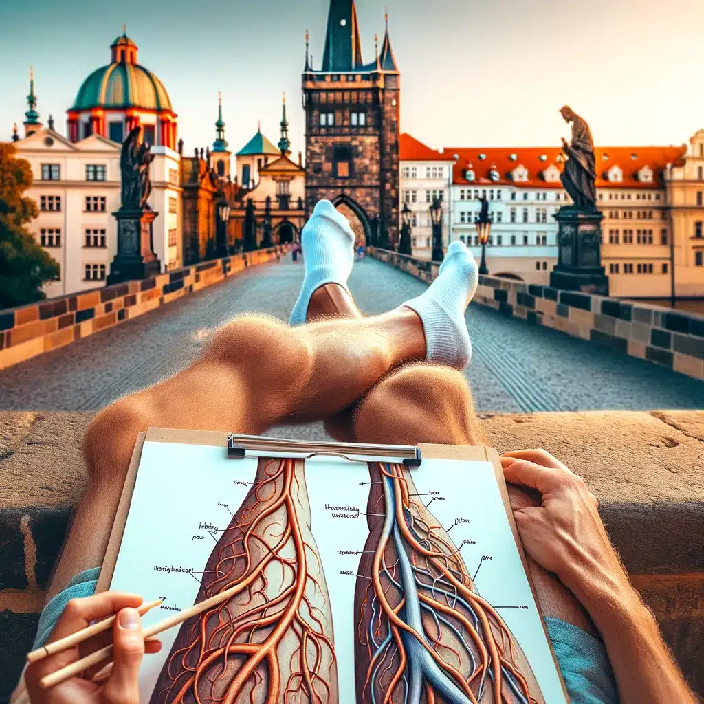 Individual with a sketch of healthy leg veins on Charles Bridge in Prague, representing Bliss Prague's focus on circulatory health