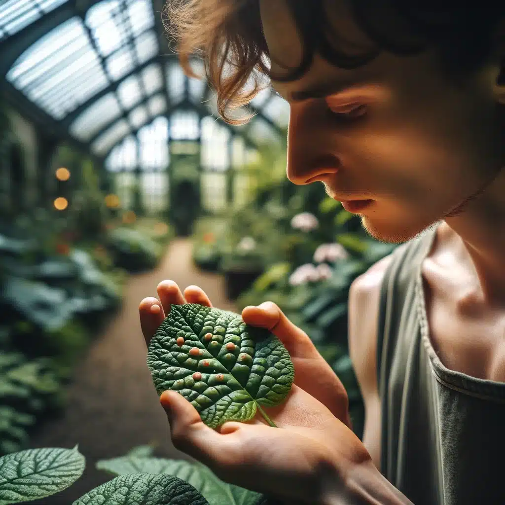 Person in Prague's botanical garden examining a leaf, representing attention to skin health with Bliss Prague