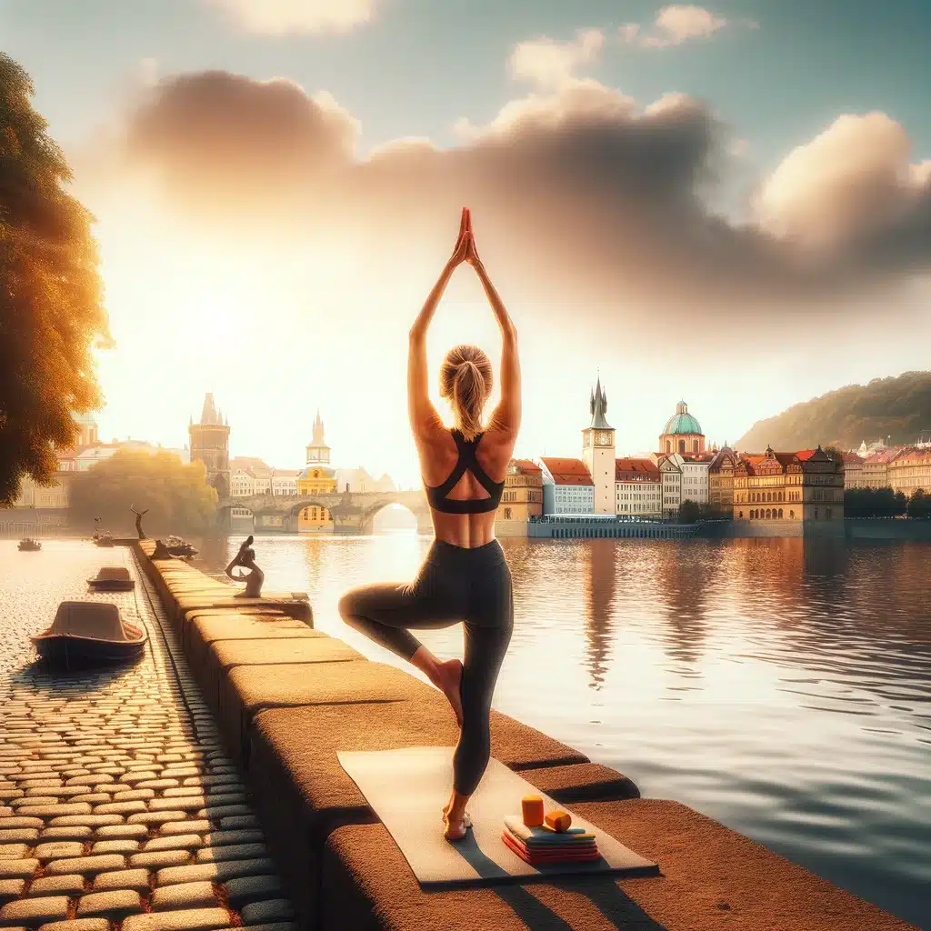 Person practicing yoga by the Vltava River in Prague, reflecting Bliss Prague's focus on wellness and weight management