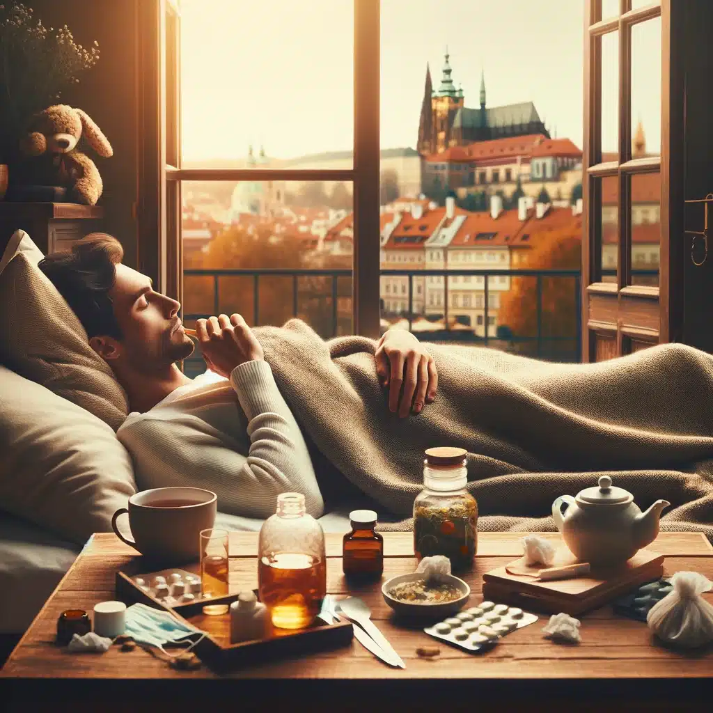 Person resting with natural remedies, reflecting recovery from colds and flu in Prague