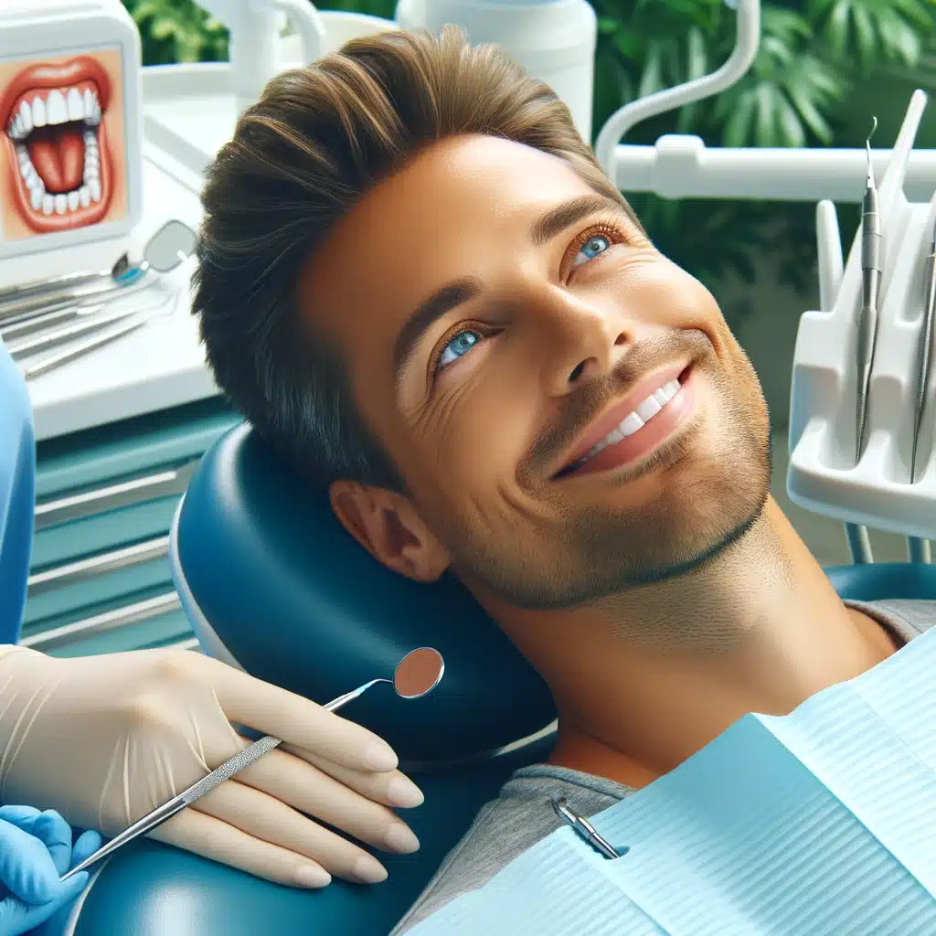 Content individual in a dental setting with health tools, set in Bliss Prague's caring atmosphere