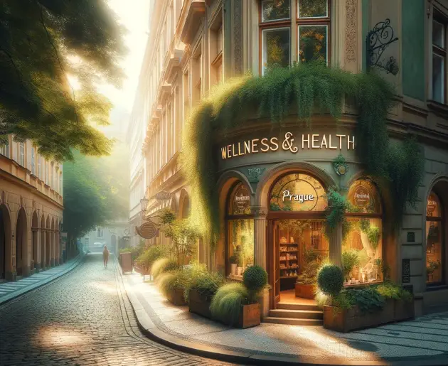 Cobblestone streets wind through historic buildings in Prague, surrounding the 'Bliss Prague' wellness center. The storefront, adorned with vibrant greenery and large inviting windows, sits under soft sunlight that casts a warm glow on the serene scene. Relaxed passersby stroll leisurely, reflecting the tranquil ambiance