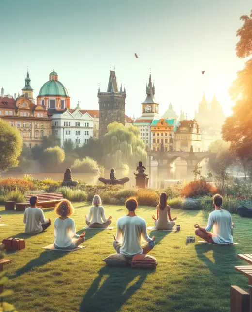 Group of diverse individuals meditating in a tranquil park in Prague, with Bliss Prague Center's wellness theme