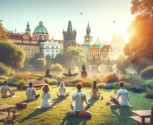 Group of diverse individuals meditating in a tranquil park in Prague, with Bliss Prague Center's wellness theme