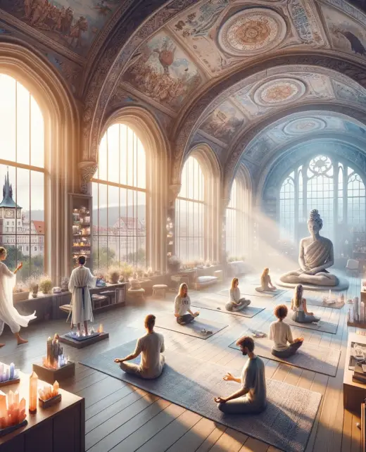 Bliss Prague Center, tranquil studio, healing practices, meditation, yoga session, crystal